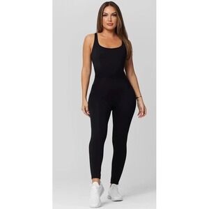 LiCi Fit BLACK LACE UP LEGGING JUMPSUIT Form Fitting Built In Bra Women's XL NWT
